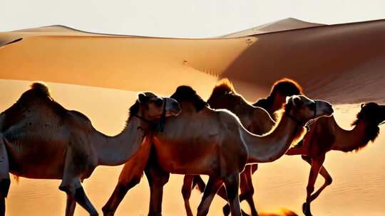 沙漠中行走的骆驼群