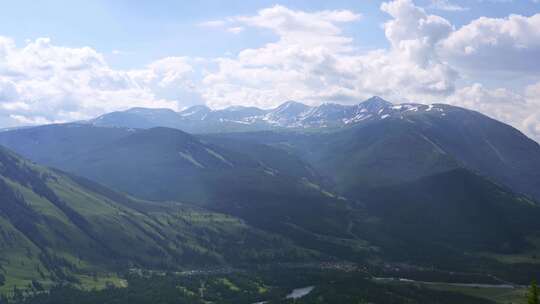 新疆北疆阿勒泰喀纳斯夏天雪山山脉自然风景