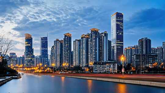 城市夜景灯火辉煌商务区建筑延时摄影