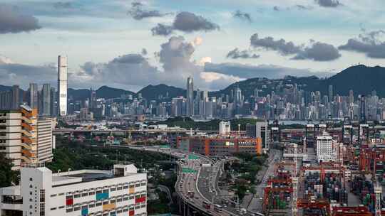 香港维多利亚港CBD中环日落高空延时