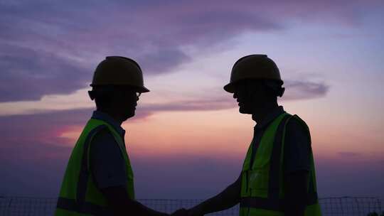 两位工人在夕阳下握手交谈