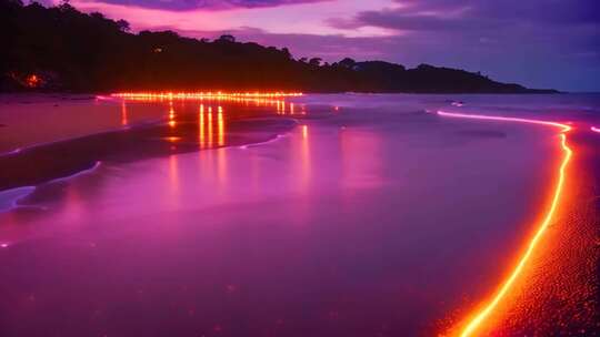 海滩夜景霓虹灯光倒影画面