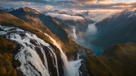 高山瀑布云海壮丽景观