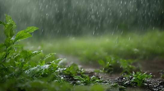 下午下雨的天气，草地上的雨，雨中的野草，