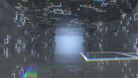 发光立方体隧道。无缝循环3D渲染动画