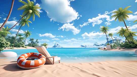 阳光蓝天白云下的沙滩海洋大海椰树度假旅游