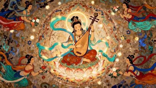 古风敦煌飞天演奏壁画素材