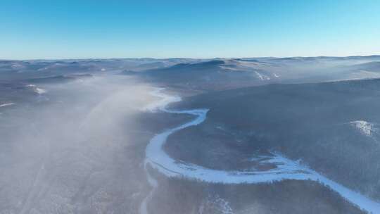 航拍寒冬林海雪原冰河冻雾视频素材模板下载