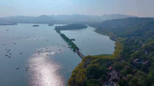 浙江杭州西湖景区断桥残雪风景风光航拍