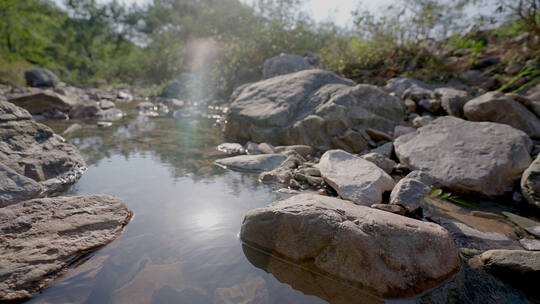 溪流清澈溪水山间树林流淌倒影阳光