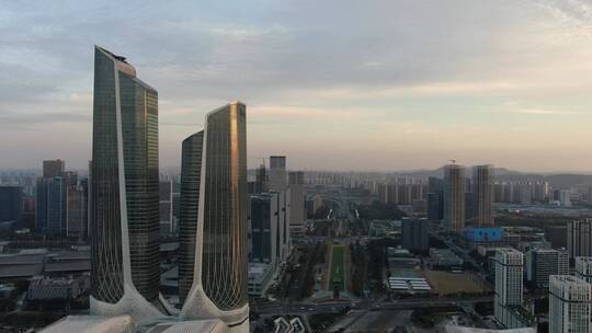 航拍南京双子塔地标建筑