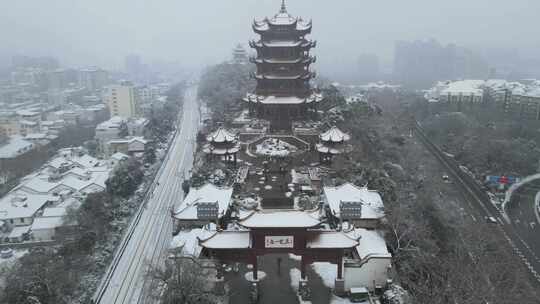 武汉武昌区黄鹤楼雪景航拍