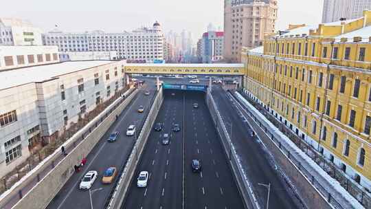 中国黑龙江哈尔滨卷烟厂雪景航拍