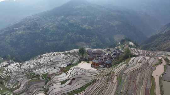 贵州黔东南加榜梯田加车古村落航拍自然风光