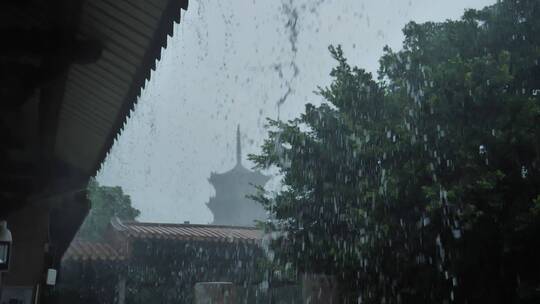 泉州东西塔开元寺寺庙石塔雨景下雨天