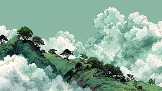 插画天空云彩村庄 动漫风格素材