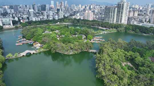 福州西湖公园景观航拍城市公园风景开化屿