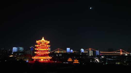 武汉黄鹤楼夜景航拍城市夜晚古建筑黑夜风光