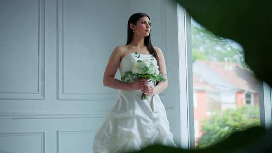 新娘，婚礼，白色连衣裙，花束