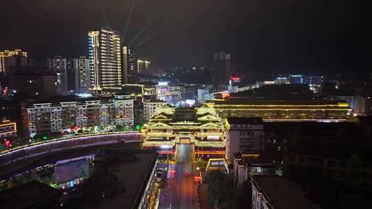 湖南怀化通道廊桥侗族廊桥风雨桥夜景航拍