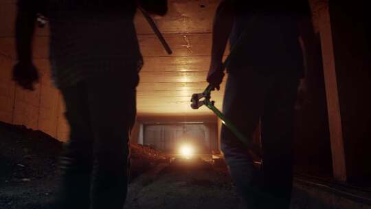 两个建筑工人在新工地穿过地下隧道视频素材模板下载