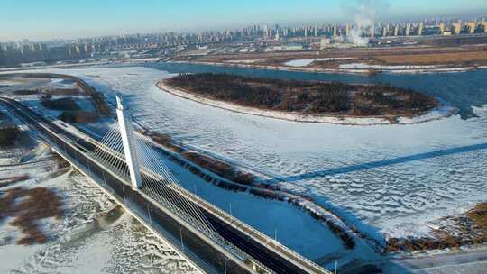 4K长春河流通辽冬天冰冻的河流航拍视频