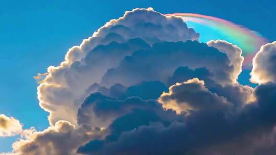 蓝天中带虹彩的蓬松云朵