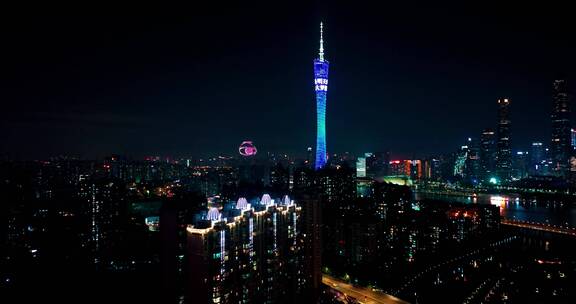 广州城市地标广州塔及海珠区夜景航拍