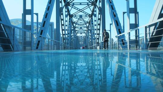 清晨阳光照耀哈尔滨松花江铁桥玻璃透明路面视频素材模板下载