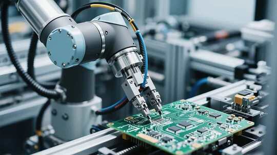 工厂内机器人处理电路板的流水线作业