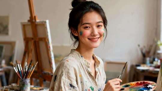 女艺术家微笑画室持调色板作画