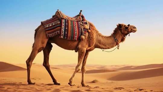 沙漠中驮着鞍具的骆驼