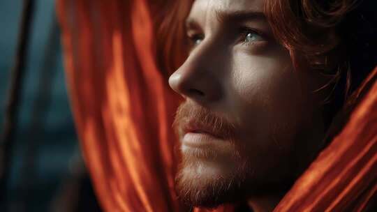 红发男子眺望远方眼神充满希望