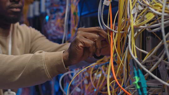 非裔美国IT工程师连接服务器电线