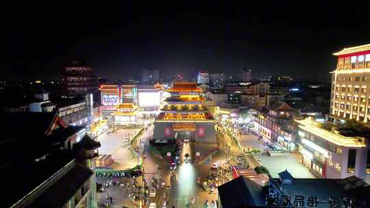 河南开封城市夜景鼓楼夜景航拍