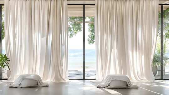 室内落地窗白色窗帘与抱枕