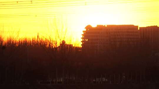 日出 湖水 远处建筑 岸边 阳光 自然