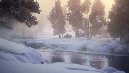 森林野牛河边喝水觅食雪天雪地雪景