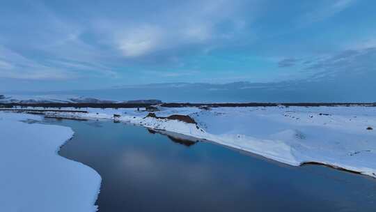 航拍海拉尔河不冻河初春雪景