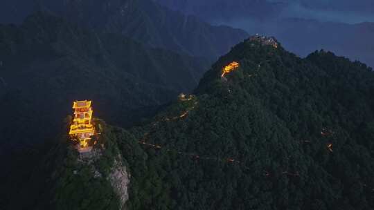 航拍秦岭山南五台寺庙日落夜景灯光