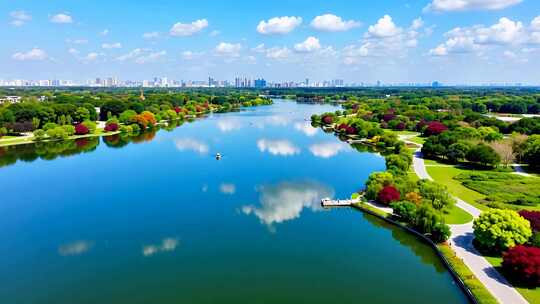 城市公园湖泊航拍全景