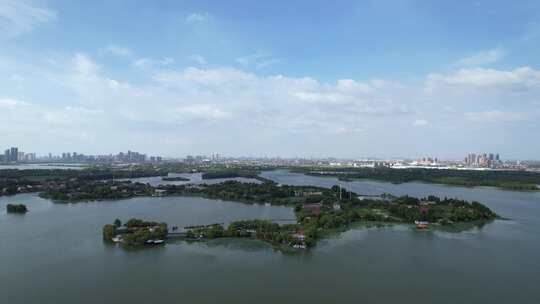 航拍武汉金银湖湿地公园绿道湖景自然风景