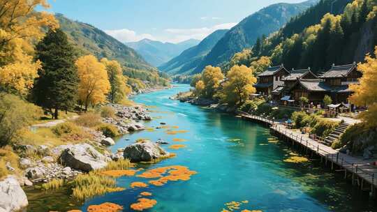 山间河流旁的中式建筑风景