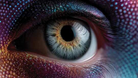 璀璨光芒下的眼睛特写，展现神秘与美丽