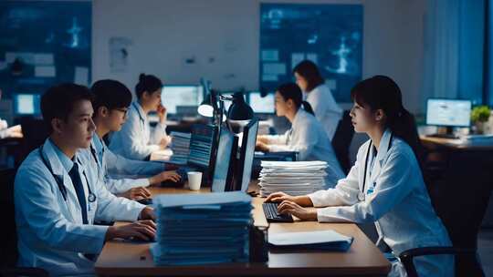 医生团队在办公室熬夜加班工作
