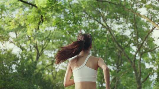 晨练日出青春美女跑步运动林荫道晨跑