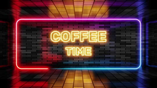 霓虹灯标志咖啡时间在砖墙背景3d渲染的语