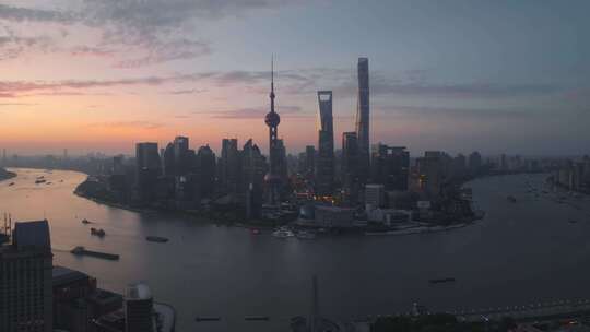 上海浦东陆家嘴黄浦江东方明珠朝霞日出航拍