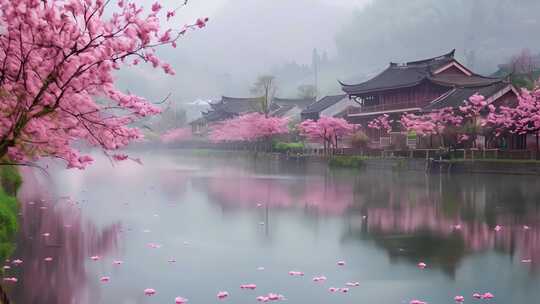 中国意境 河边桃花