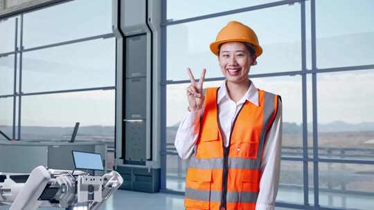 亚洲女工程师在高科技工厂微笑并展示和平手